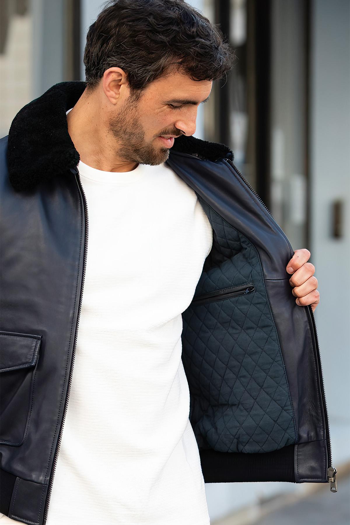 Cityzen's navy sheepskin jacket: slim fit, shearling-lined, timeless. - Image n°7