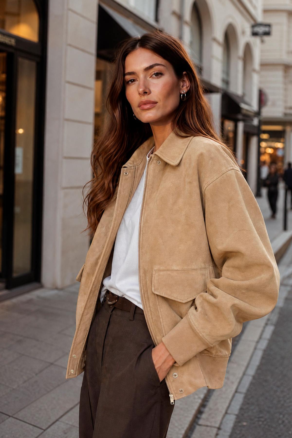 Schott NYC's beige suede jacket in goatskin, oversized aviator style. - Image n°1