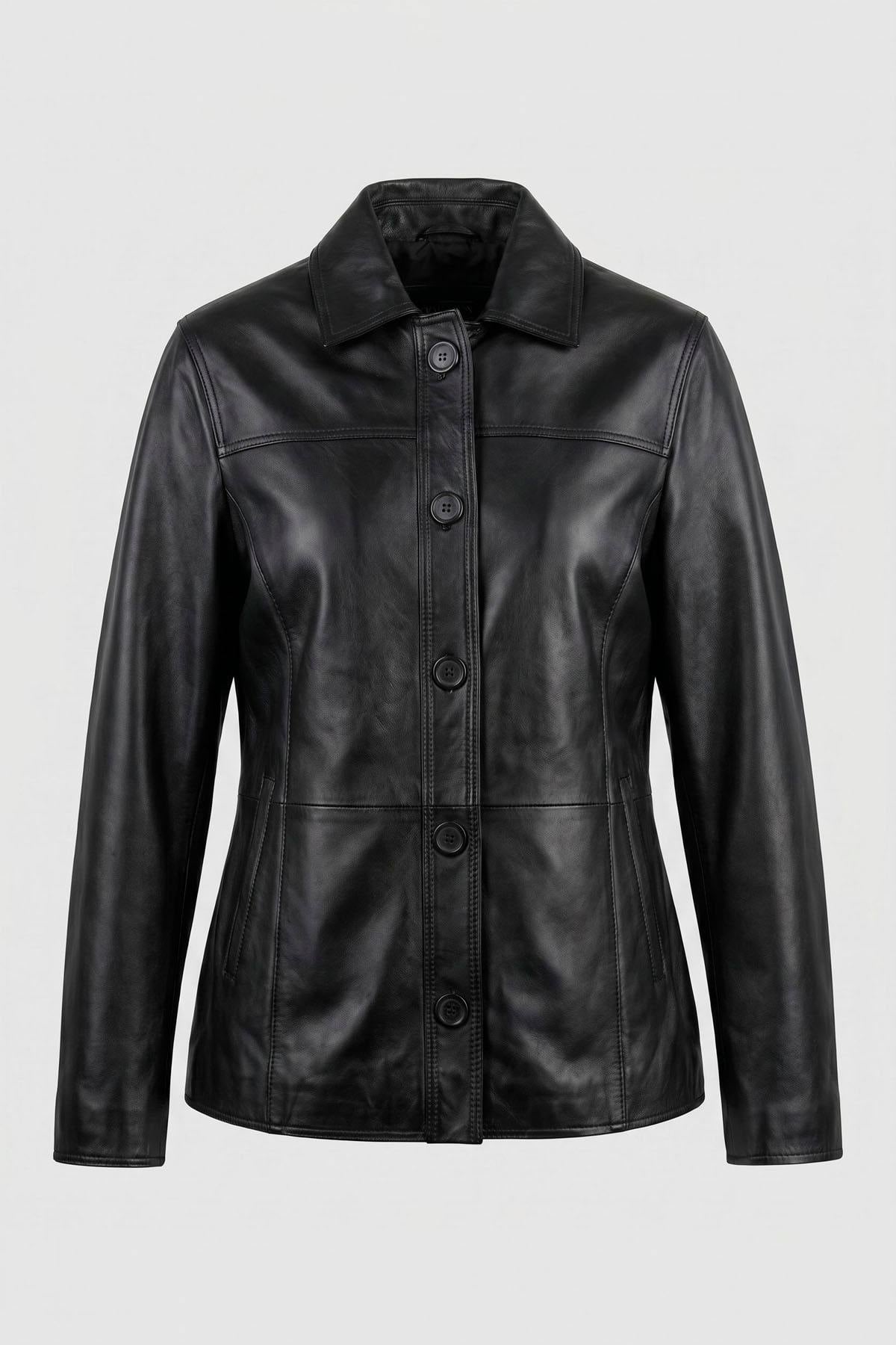 Black leather button-up jacket with shirt collar - Image n°1