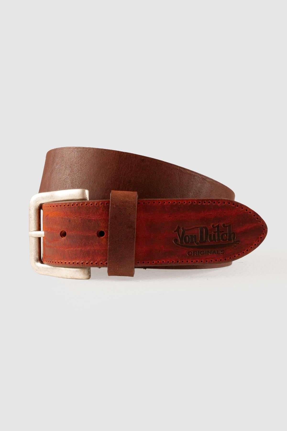 Brown leather belt with embossed Von Dutch logo - Image n°1