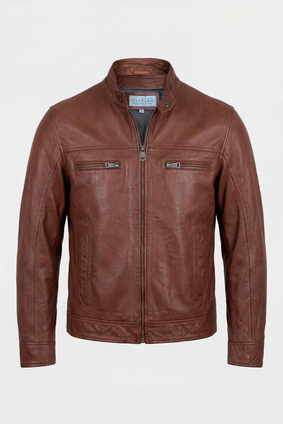 Mocha-colored biker-collar leather jacket - Image n°1