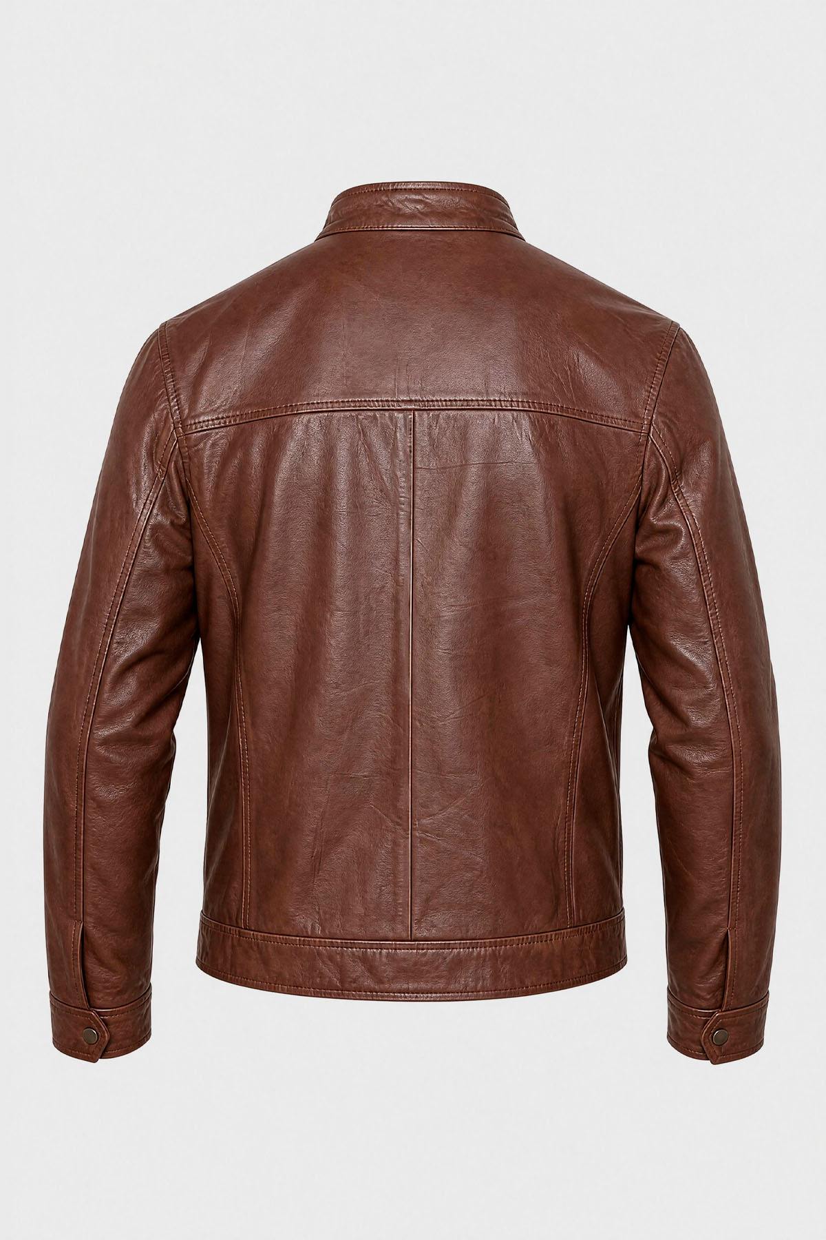 Mocha-colored biker-collar leather jacket - Image n°2