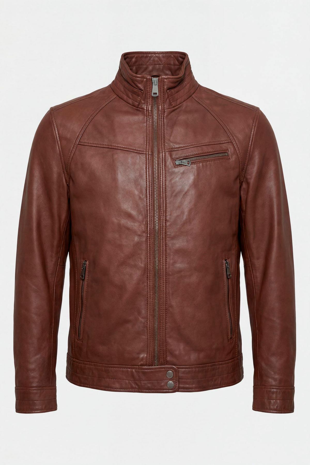 Mocha-colored leather jacket with a stand-up collar - Image n°1