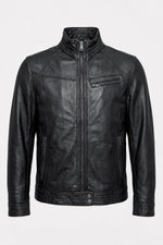 Black leather jacket with a stand-up collar - Image n°1