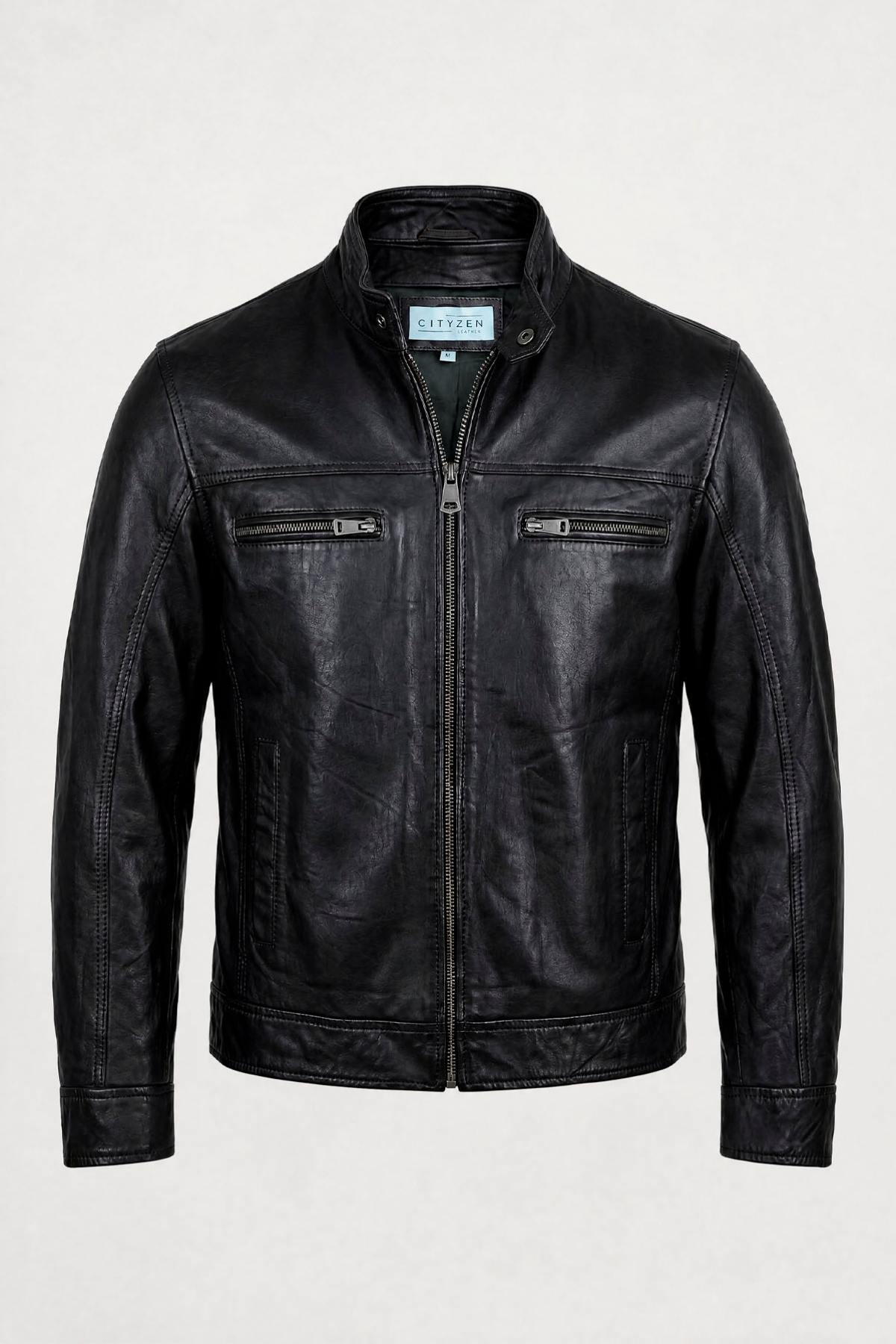 Black leather biker-collar jacket - Image n°1