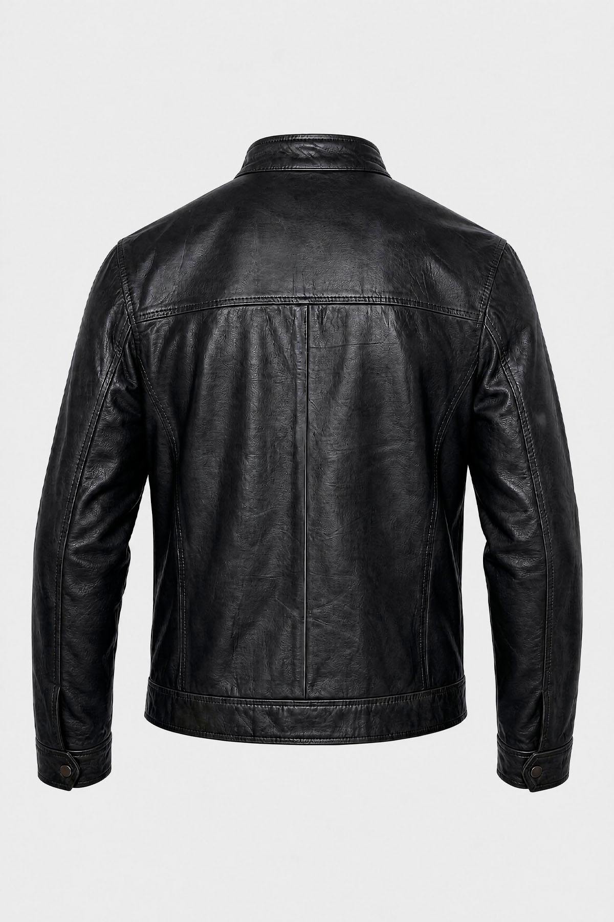Black leather biker-collar jacket - Image n°2