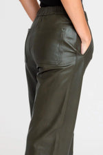 Khaki leather trousers with elasticated waist - Image n°4