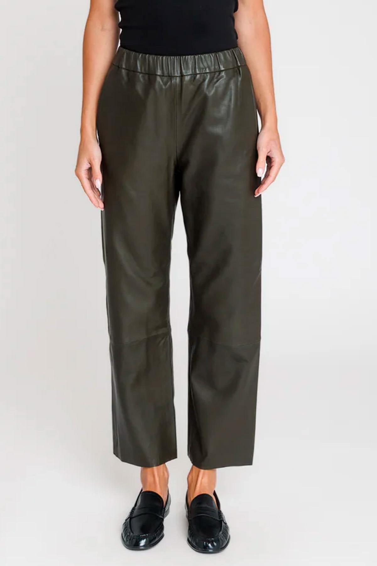 Khaki leather trousers with elasticated waist - Image n°1