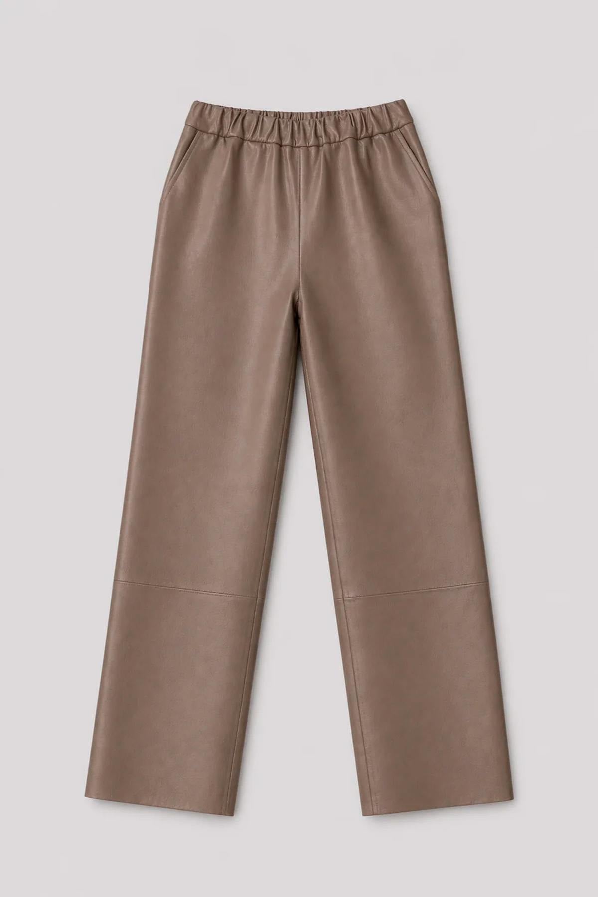 Taupe leather trousers with elasticated waistband - Image n°4
