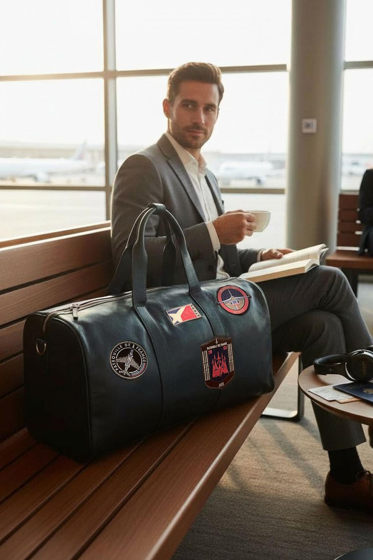 Dark navy blue travel bag with Patrouille de France patches - Image n°1