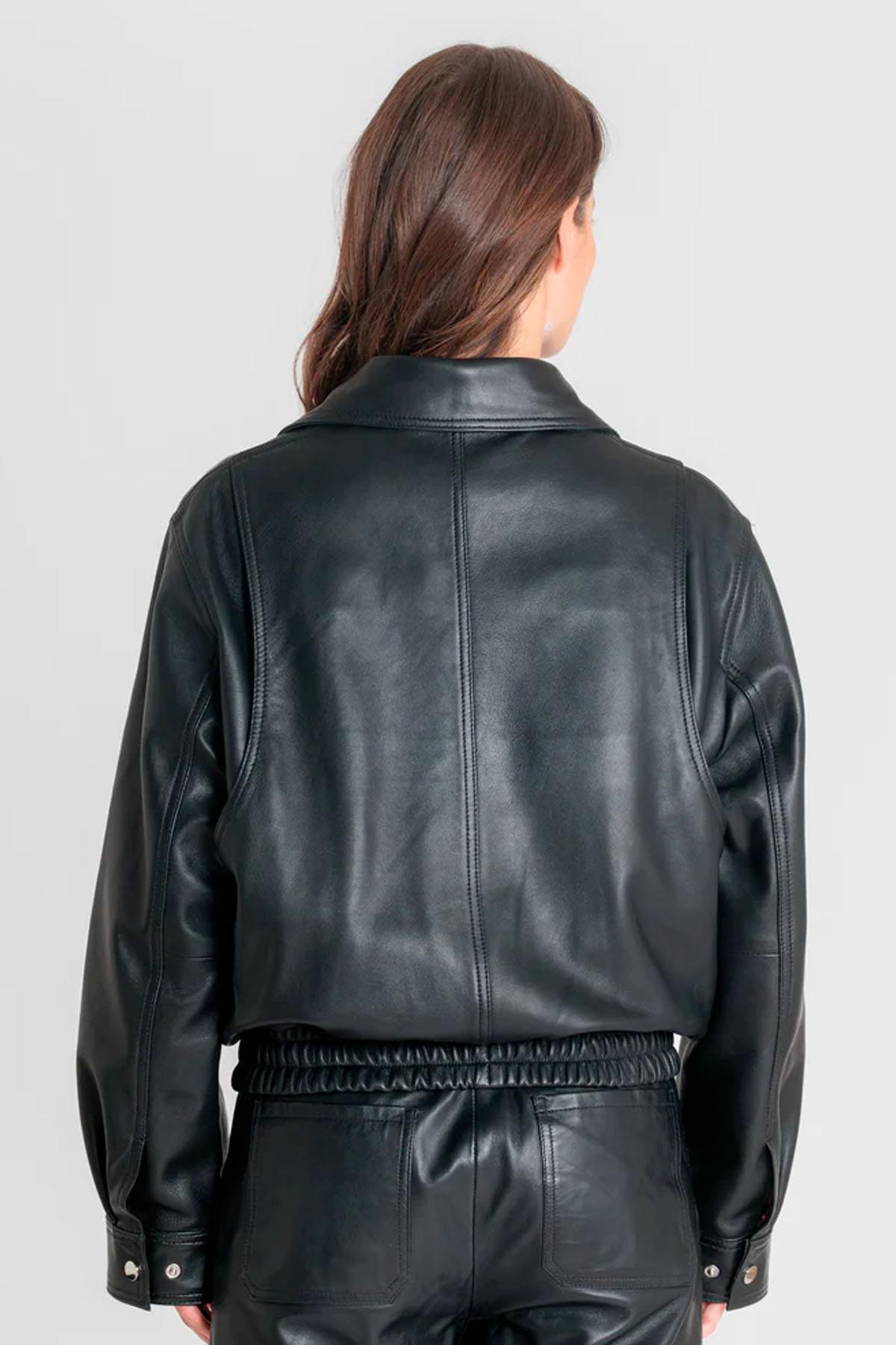 Oversized black leather jacket with an elasticated waist - Image n°2