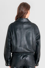 Oversized black leather jacket with an elasticated waist - Image n°2