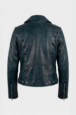 Women's navy blue leather biker jacket - Image n°2
