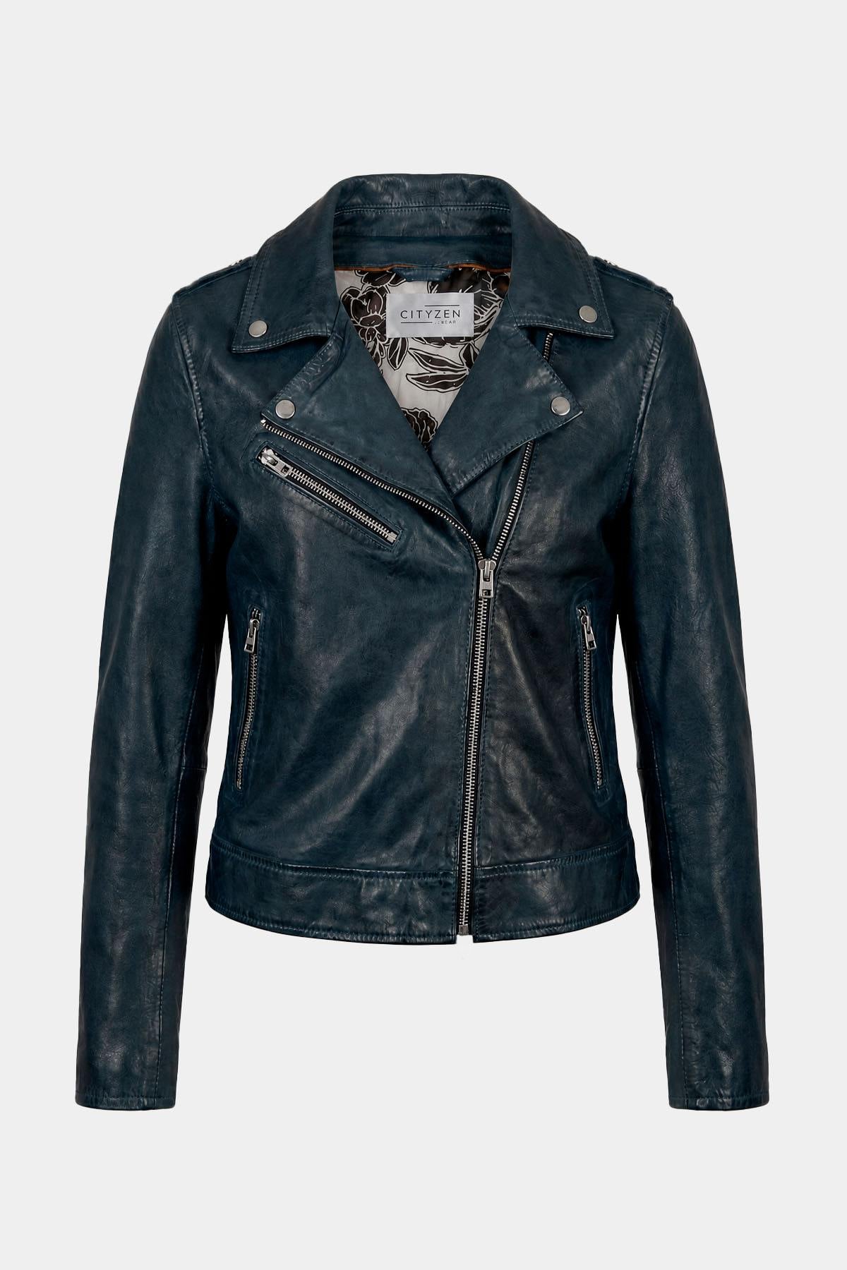 Women's navy blue leather biker jacket - Image n°1