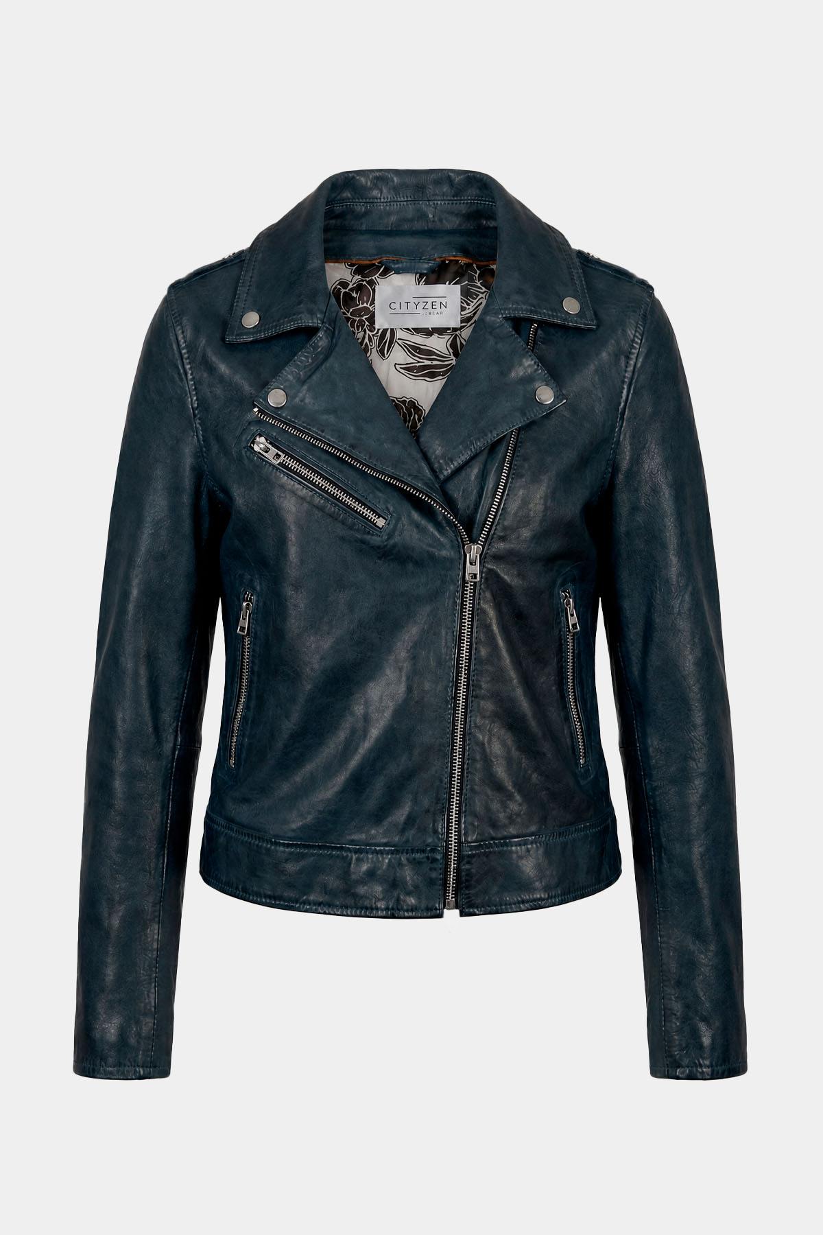 Women's navy blue leather biker jacket - Image n°1