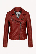 Women's ketchup-red leather biker jacket - Image n°1