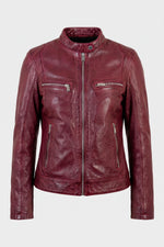 Women's dark pink leather biker-collar jacket - Image n°9