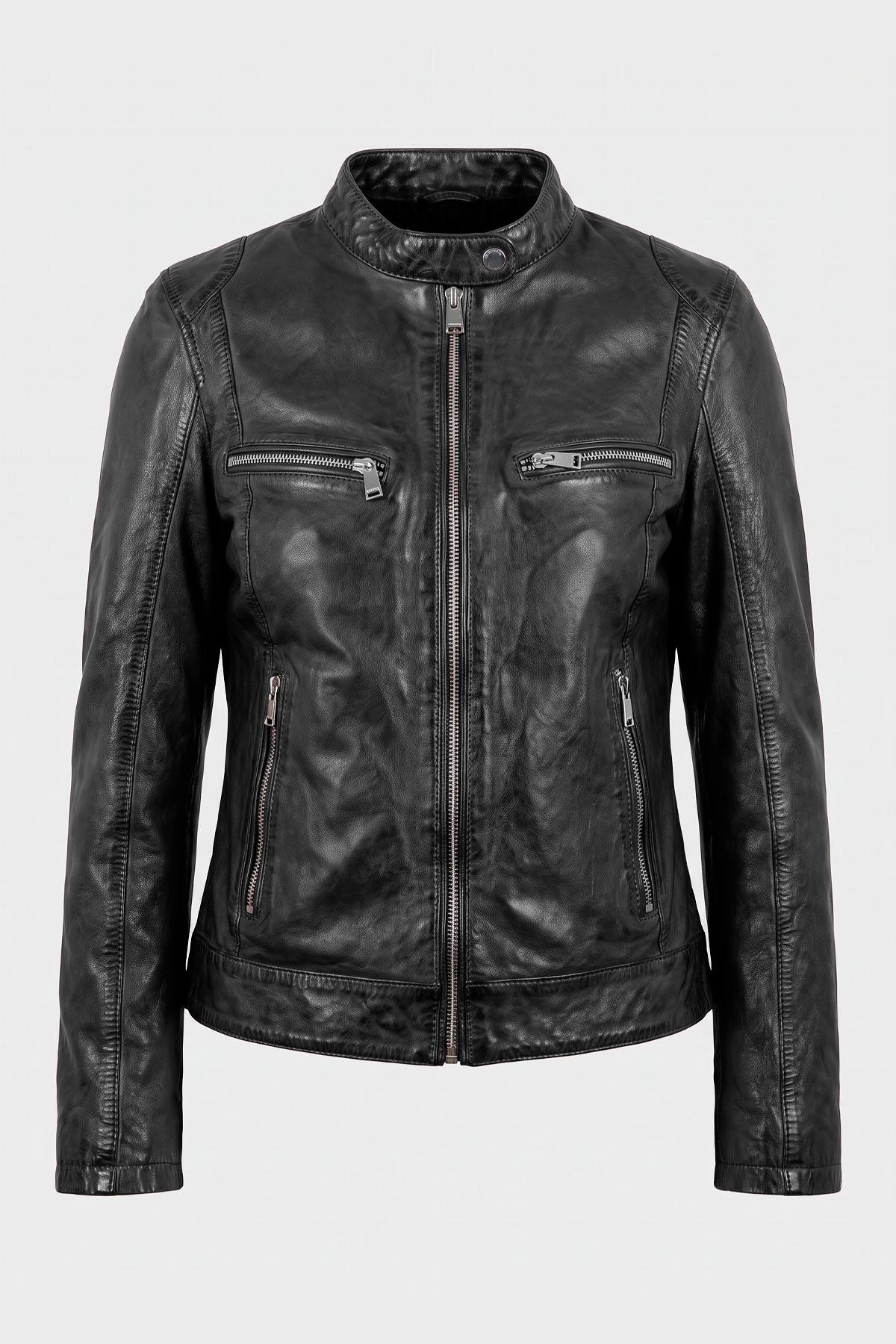 Women's black leather biker jacket - Image n°1