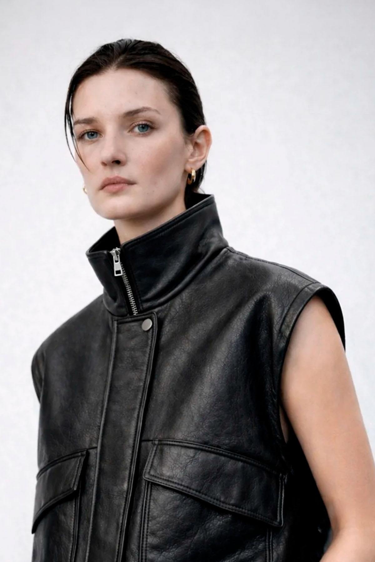 Oversized black leather jacket with detachable sleeves - Image n°8