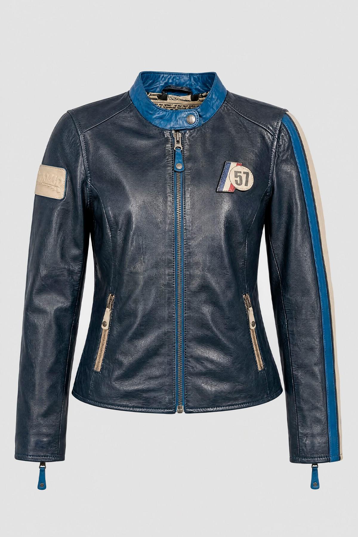 Women's royal blue vintage-look leather jacket – Michel Vaillant - Image n°1