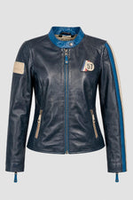 Women's royal blue vintage-look leather jacket – Michel Vaillant - Image n°1
