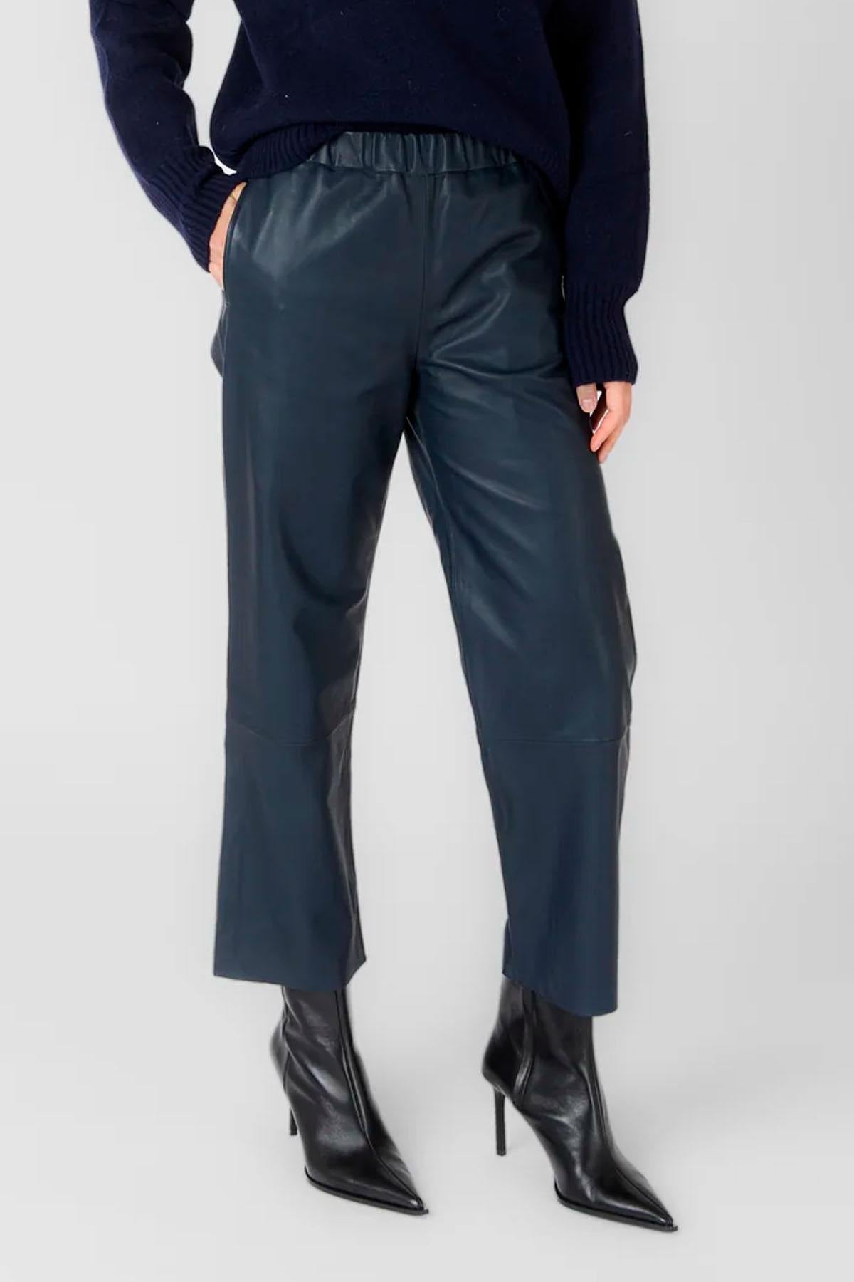 Women's blue leather trousers with an elasticated waist - Image n°1