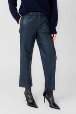 Women's blue leather trousers with an elasticated waist - Image n°1