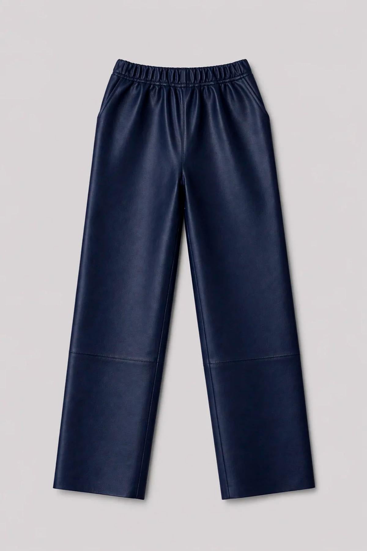 Women's blue leather trousers with an elasticated waist - Image n°5