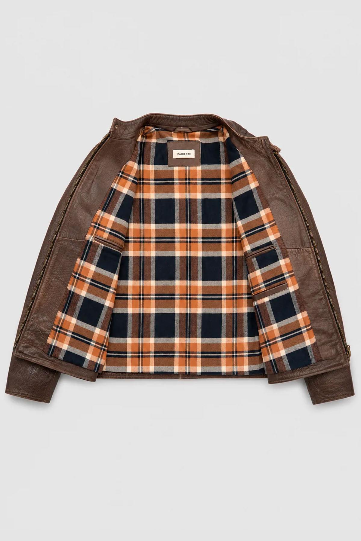 Brown buffalo leather biker-collar jacket - Image n°2