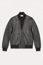 Navy blue leather varsity jacket with a quilted, down-jacket-style lining. - Image n°1