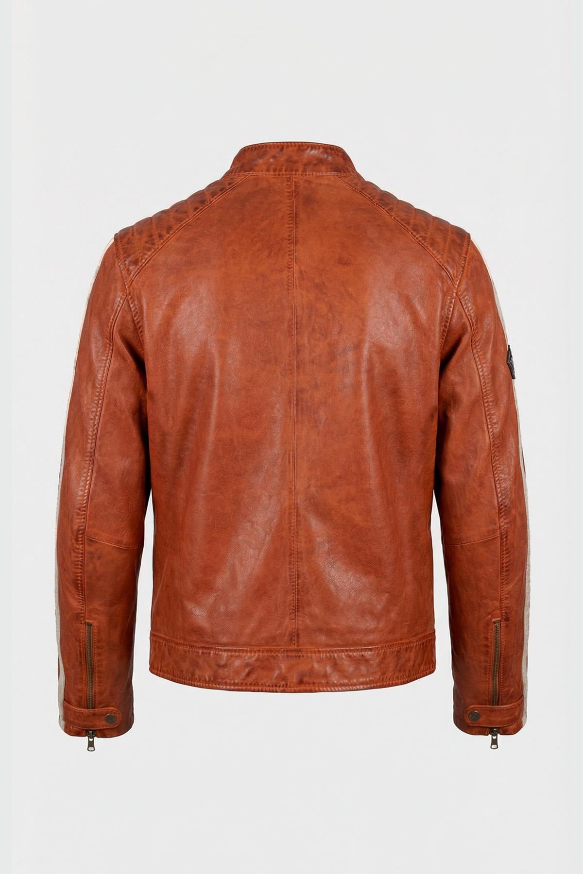 Orange sheepskin leather biker jacket - Image n°3