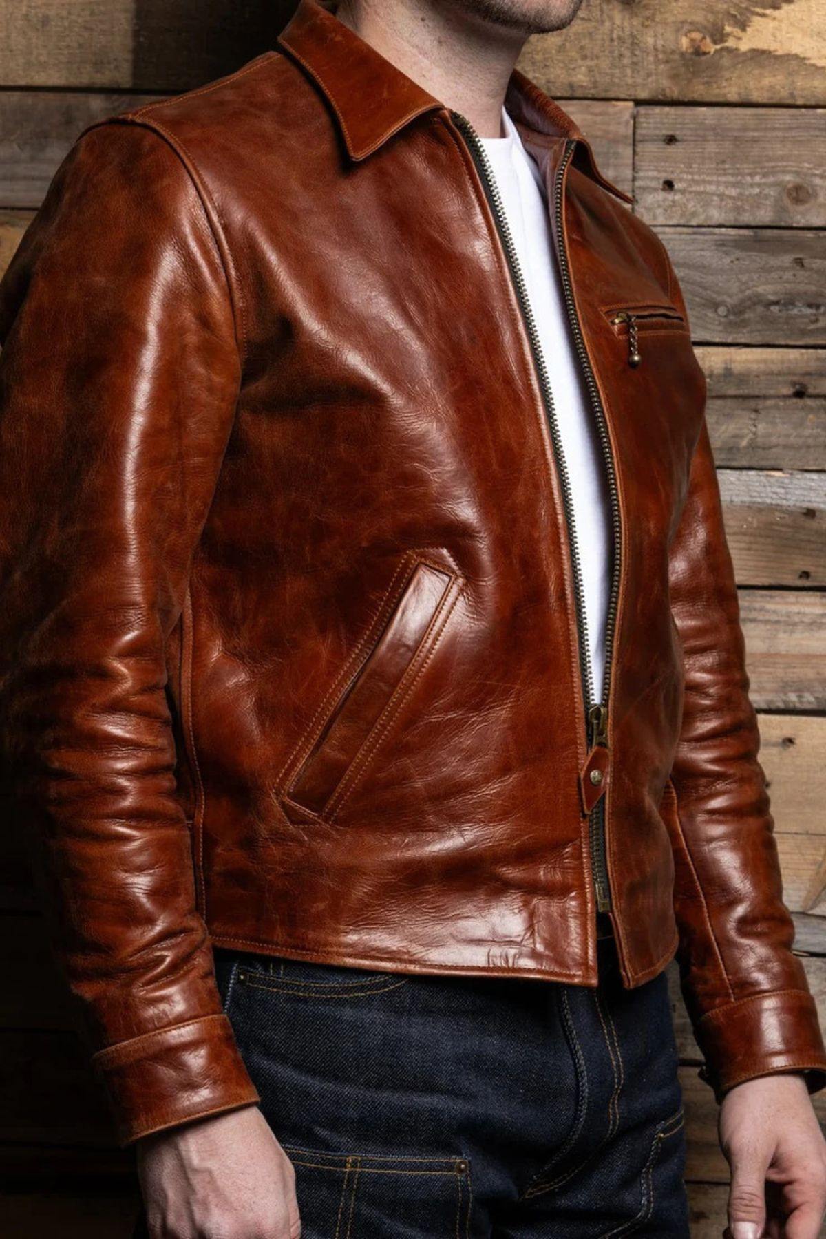 Cowhide leather jacket with a shirt collar - Image n°4