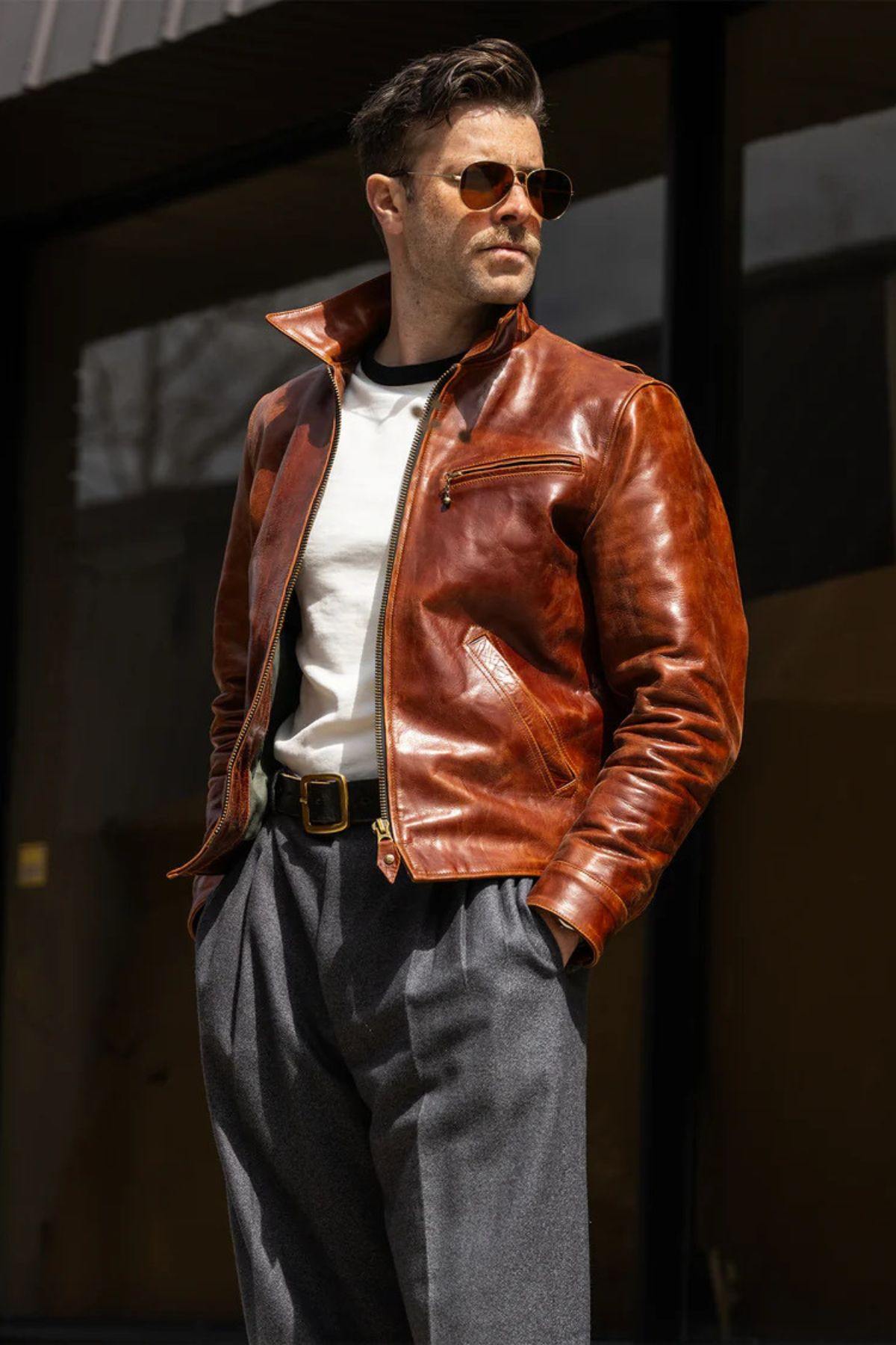 Cowhide leather jacket with a shirt collar - Image n°1