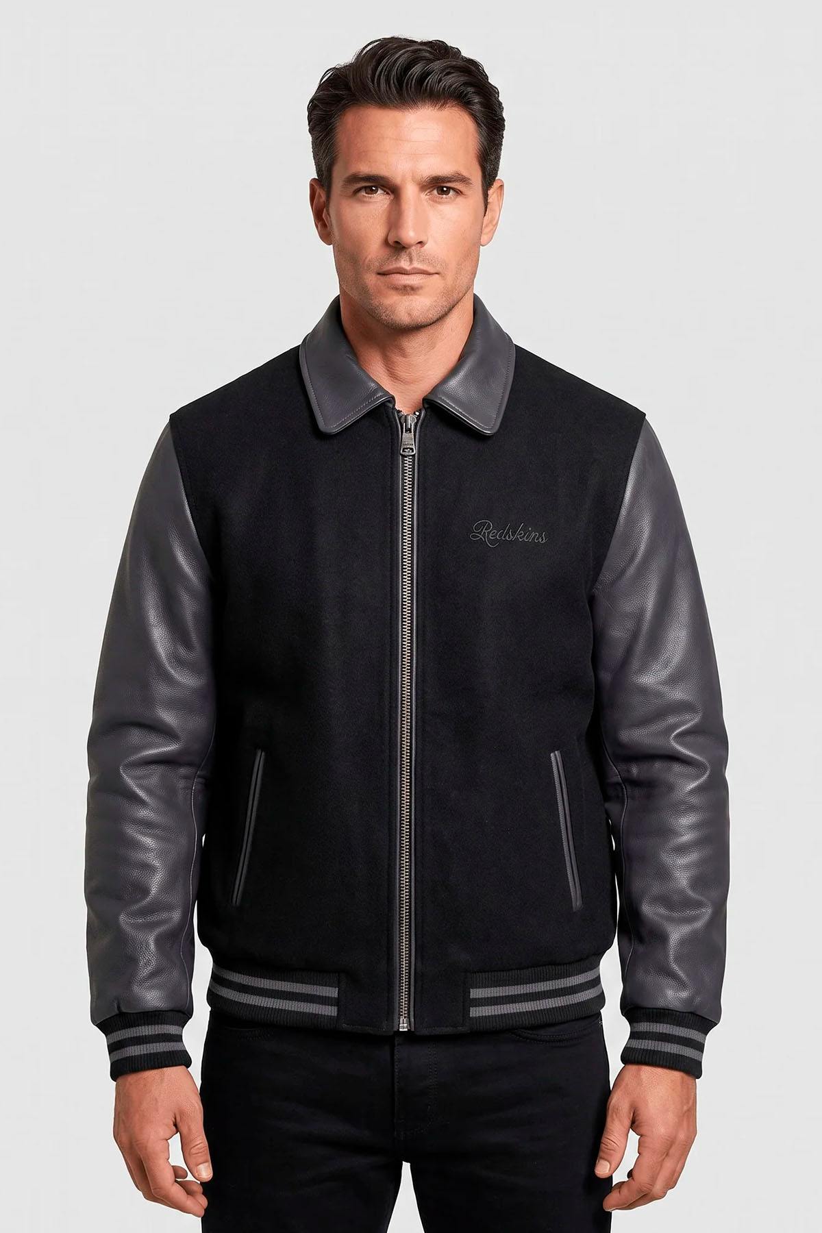 Black and grey collared varsity jacket with embroidered logo - Image n°1