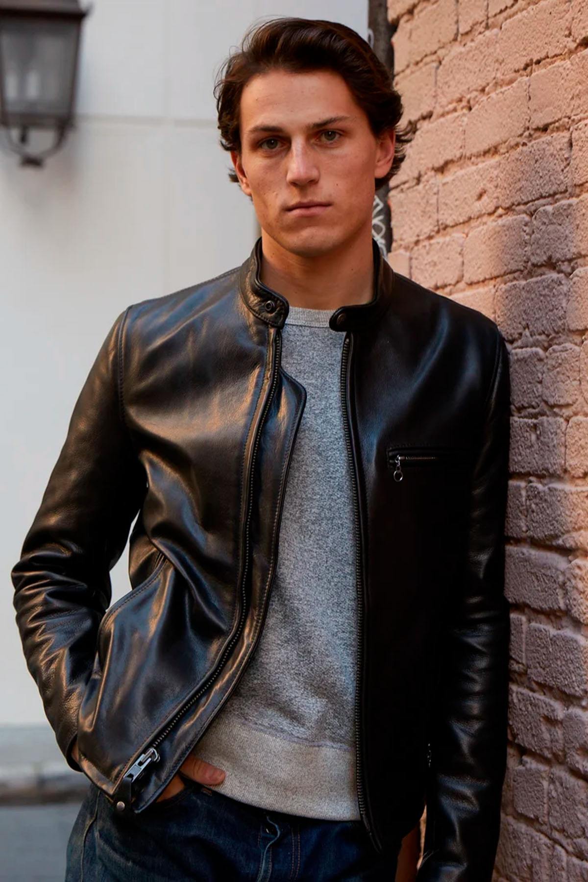 Black cowhide café racer jacket – Made in USA - Image n°1