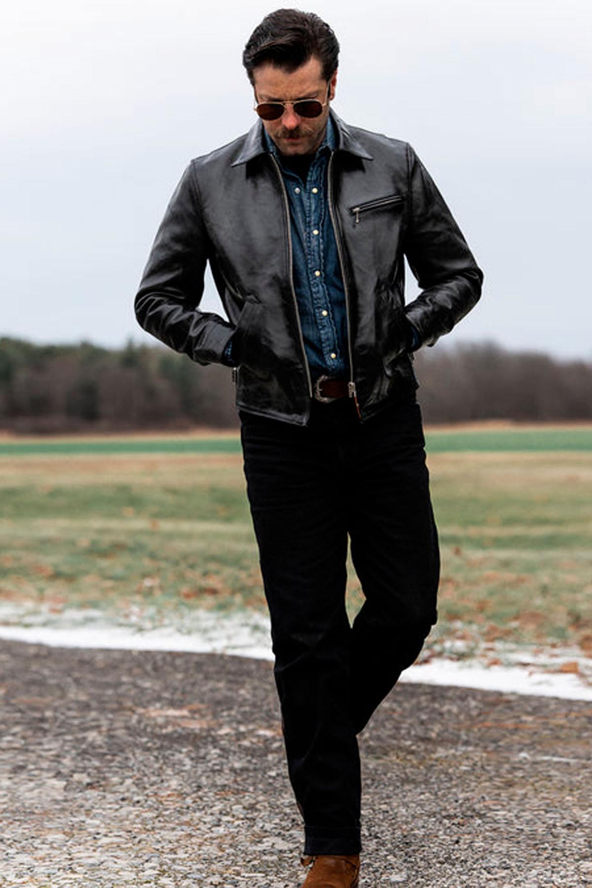 Glossy black leather jacket with a shirt collar - Image n°3