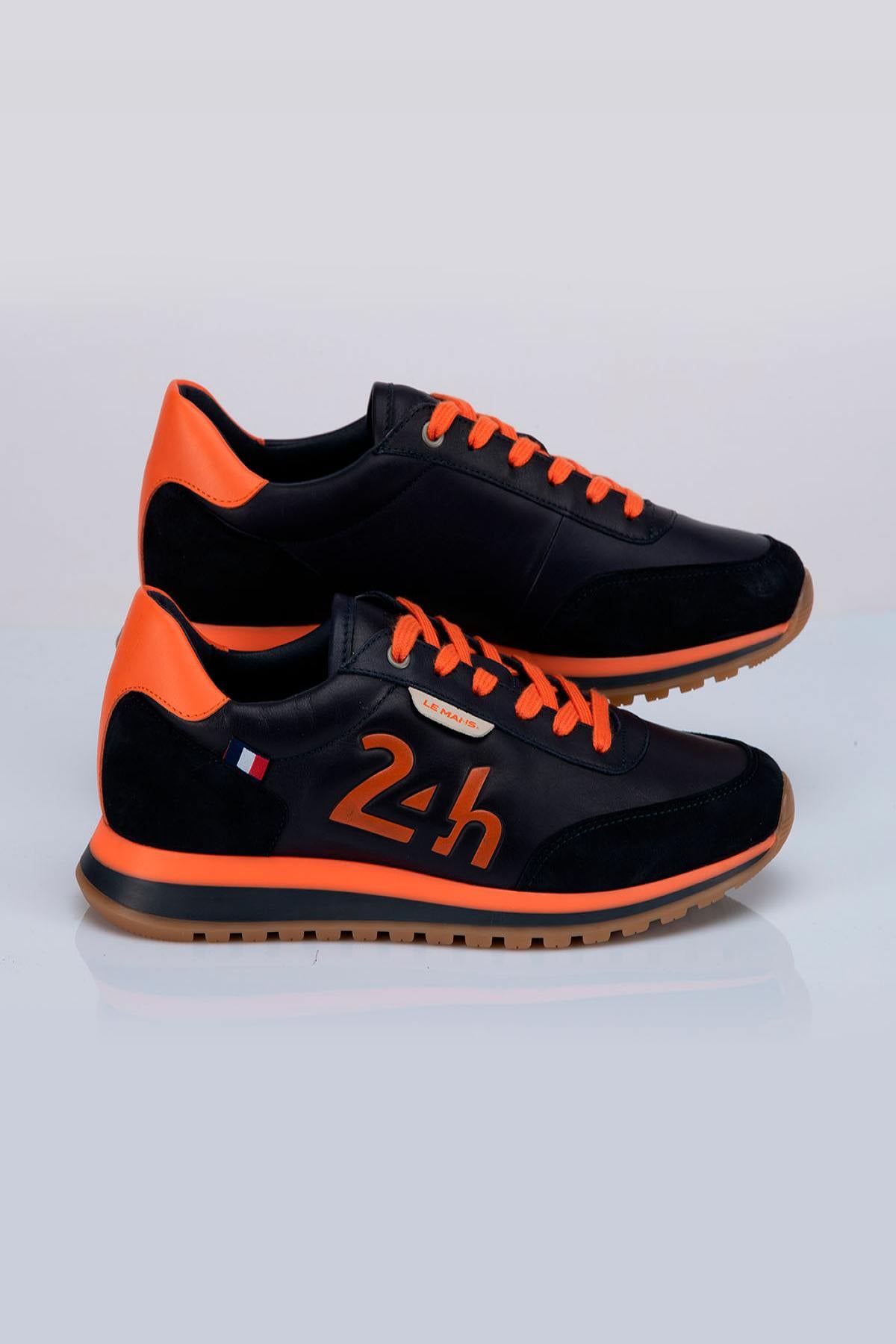 Blue and orange leather racing-style sneakers - Image n°1