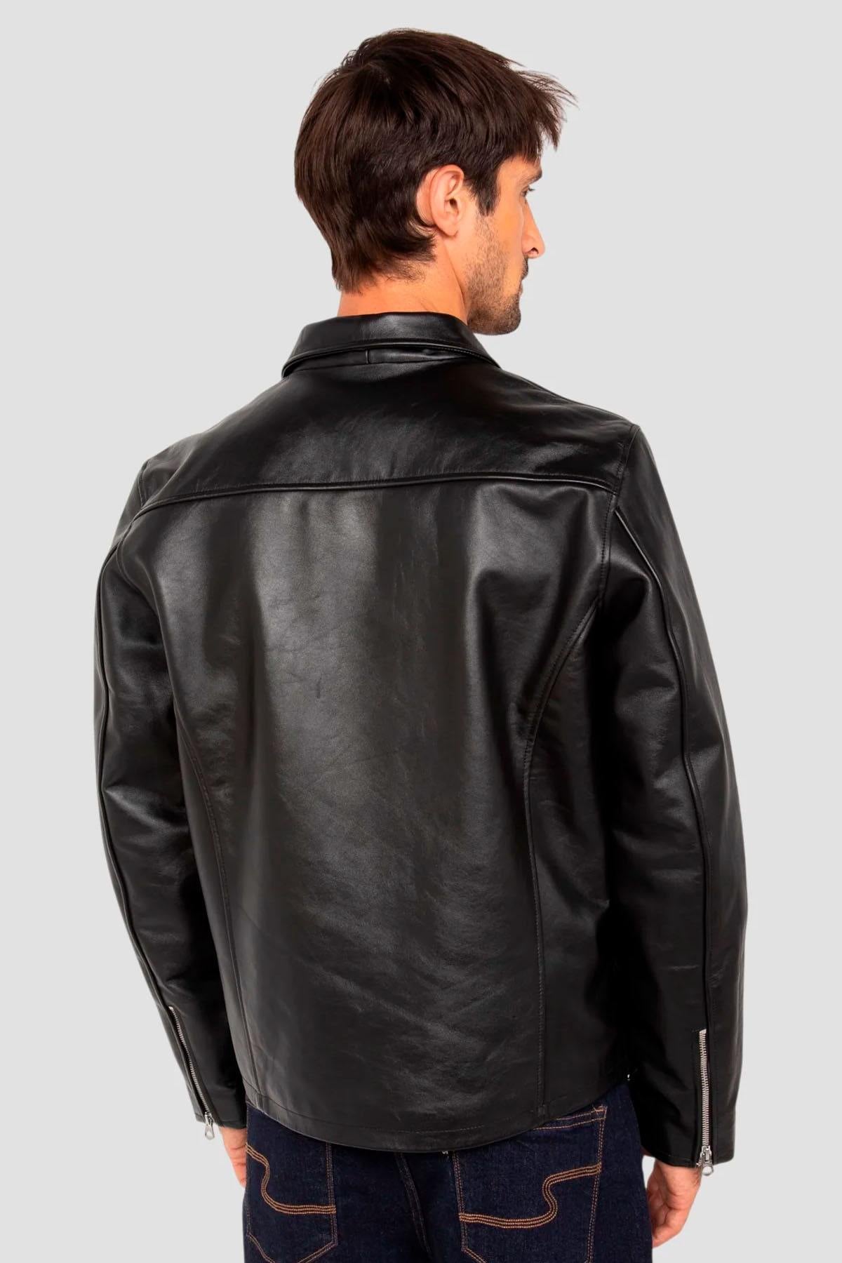 Black cowhide leather jacket, shirt collar - Image n°2