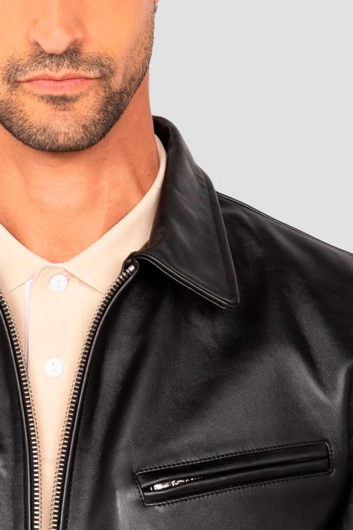 Black cowhide leather jacket, shirt collar - Image n°7