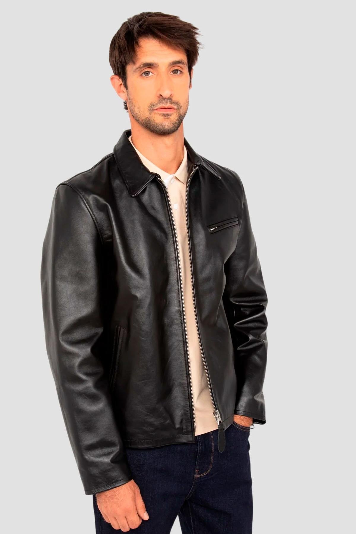 Black cowhide leather jacket, shirt collar - Image n°8