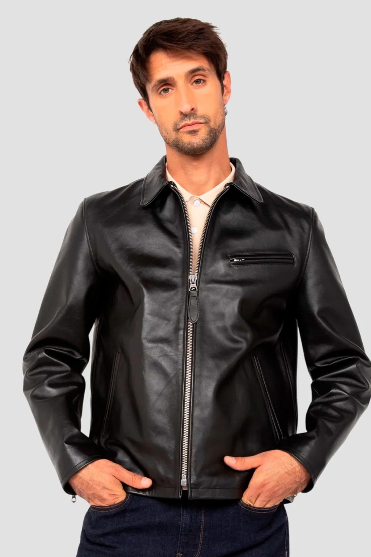 Black cowhide leather jacket, shirt collar - Image n°1