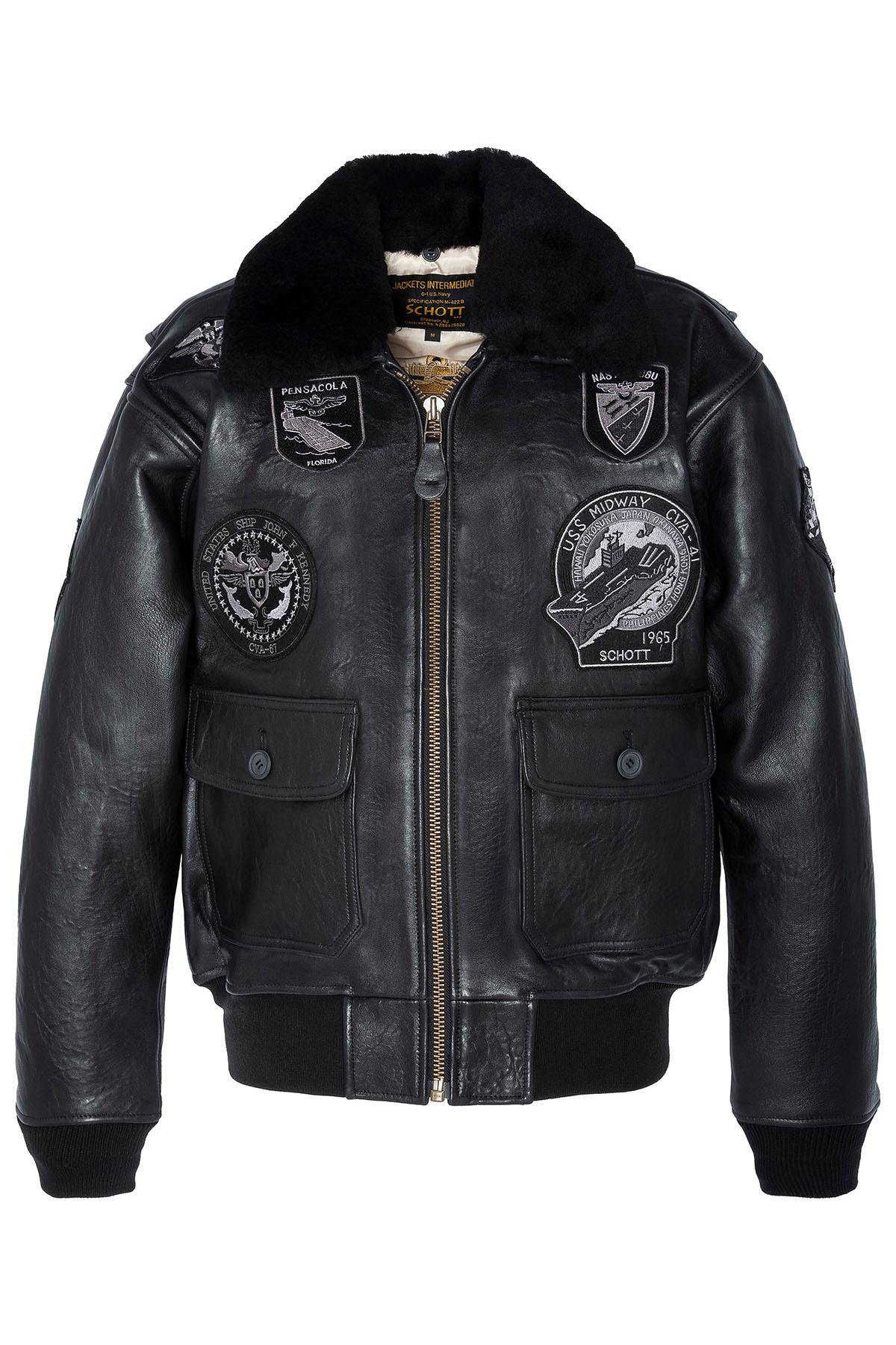 Black leather pilot jacket with patches and premium lining - Image n°1