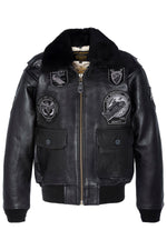 Black leather pilot jacket with patches and premium lining - Image n°1