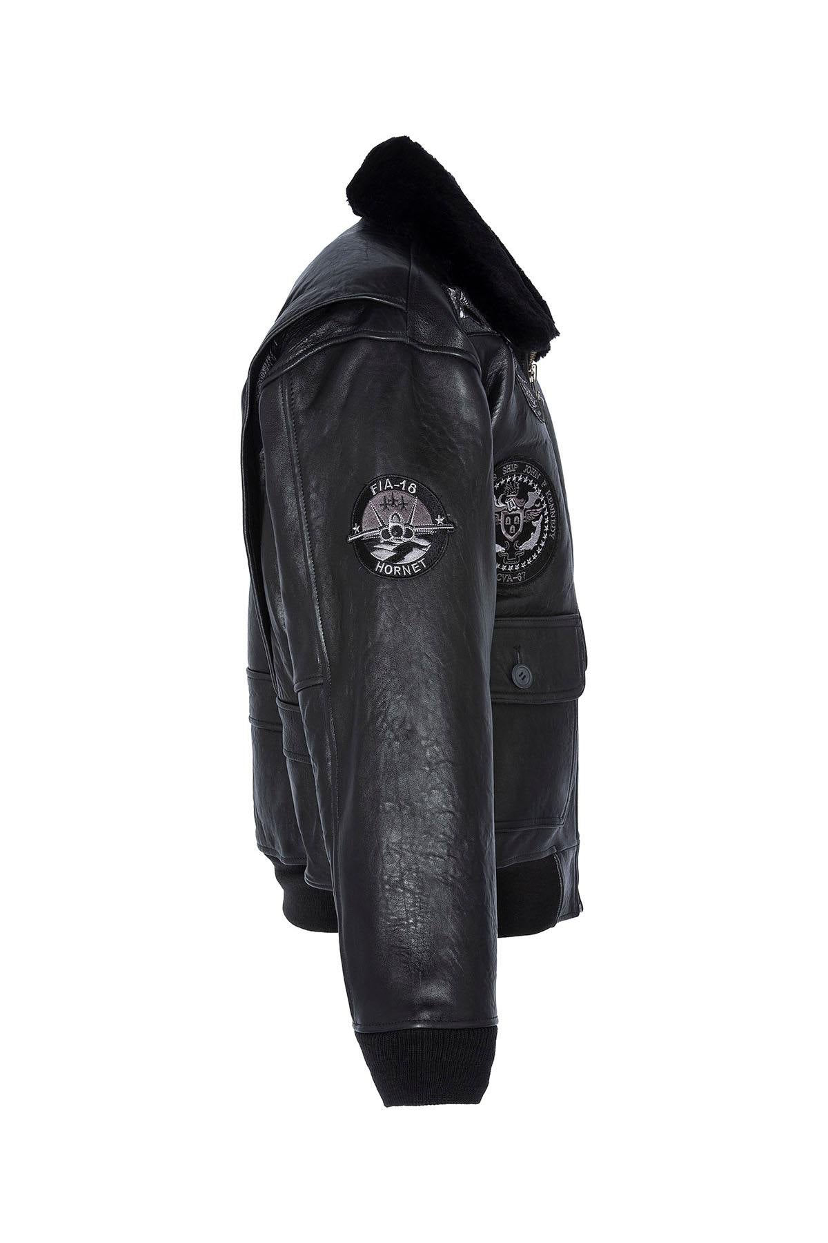 Black leather pilot jacket with patches and premium lining - Image n°2