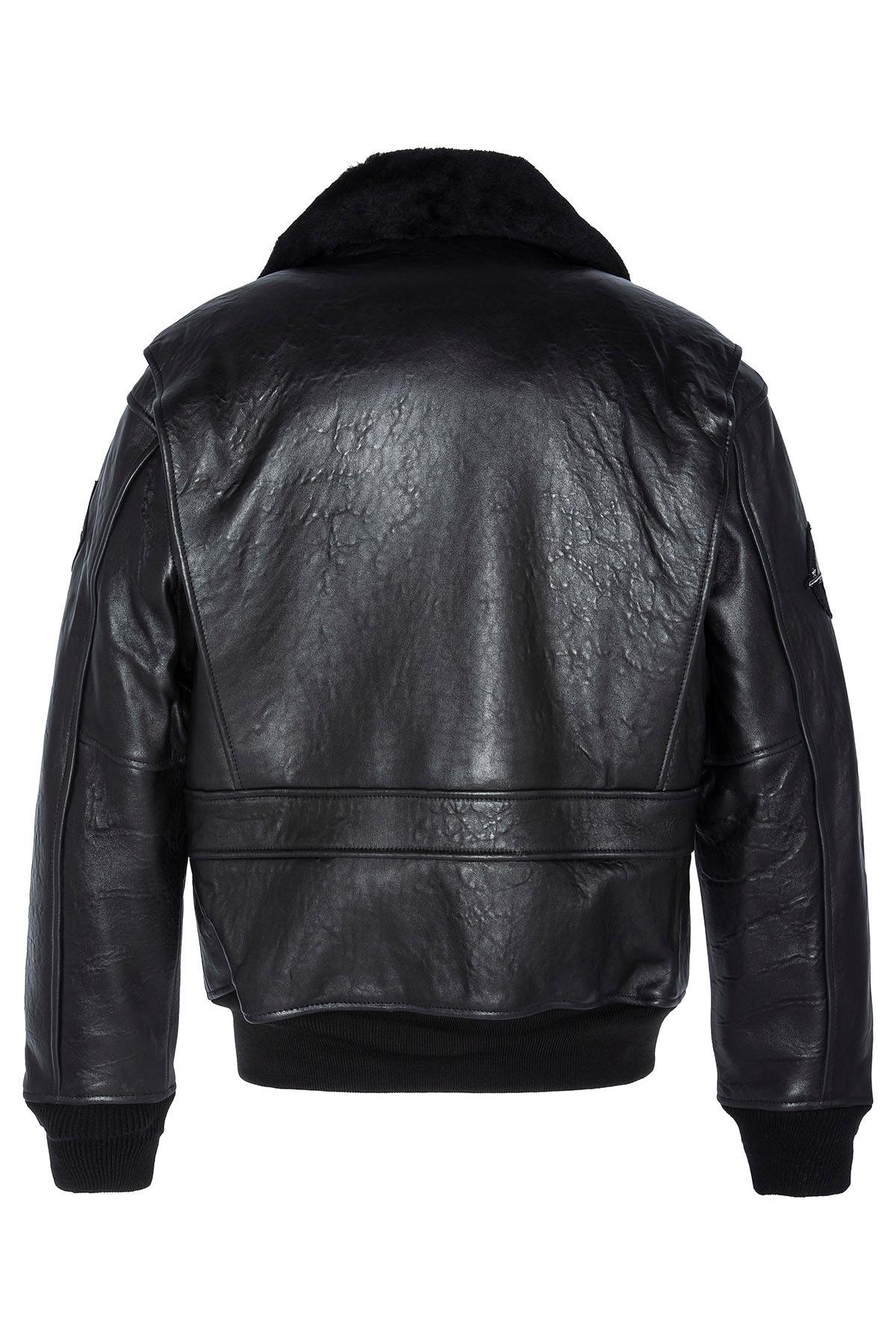 Black leather pilot jacket with patches and premium lining - Image n°3