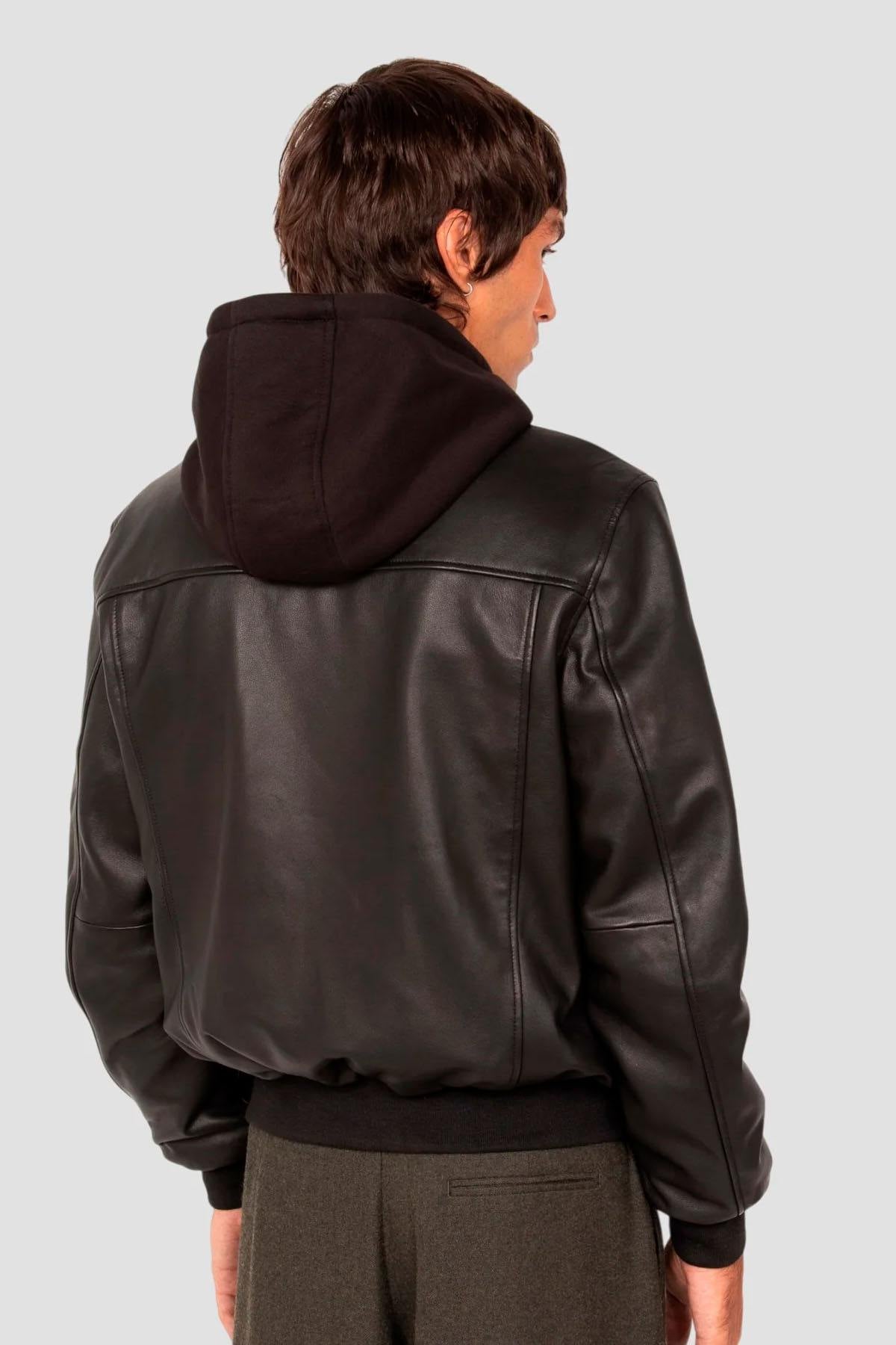 Black leather MA-1 bomber jacket with detachable hood - Image n°3