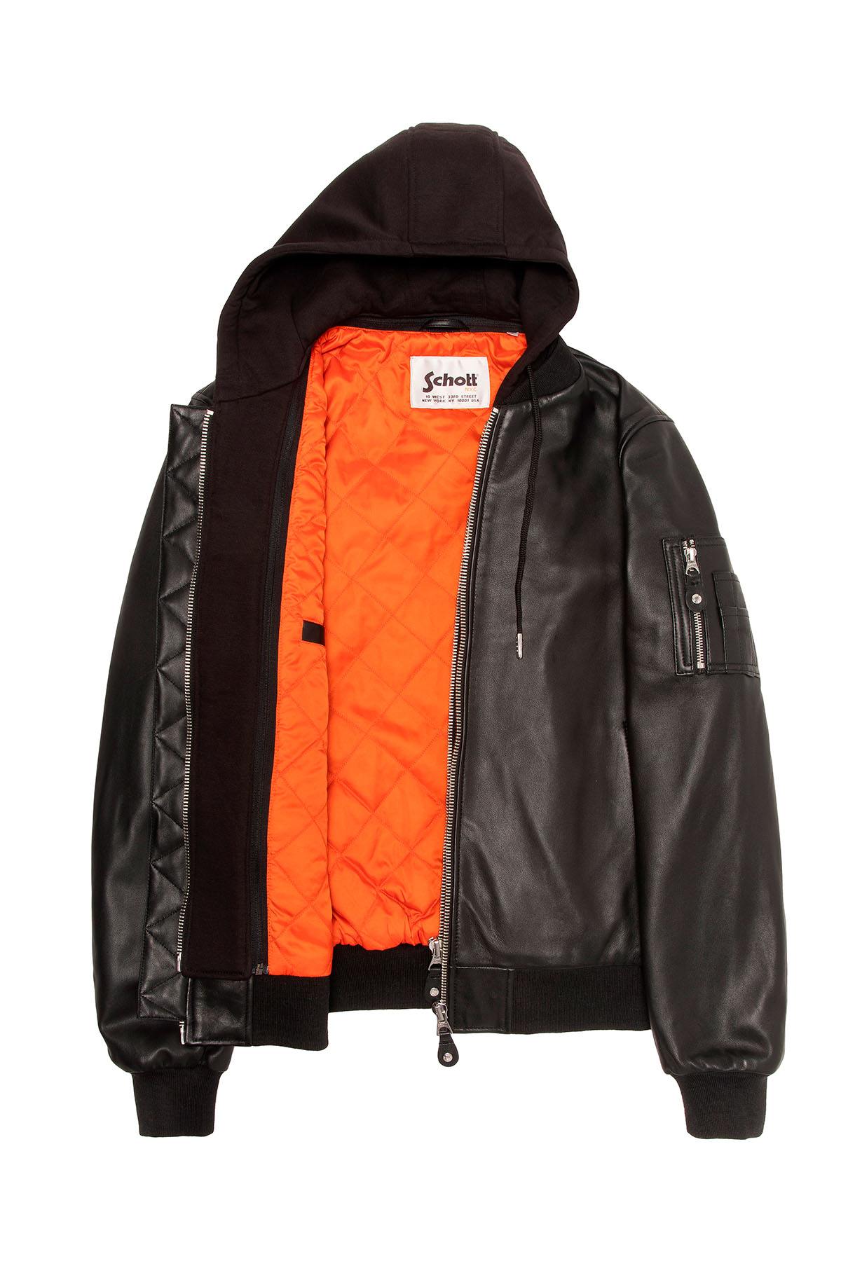 Black leather MA-1 bomber jacket with detachable hood - Image n°8