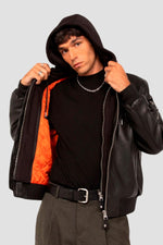 Black leather MA-1 bomber jacket with detachable hood - Image n°1