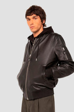 Black leather MA-1 bomber jacket with detachable hood - Image n°9