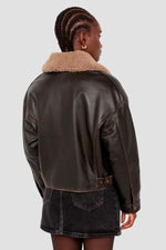 Short dark brown leather aviator jacket with a vintage look - Image n°4